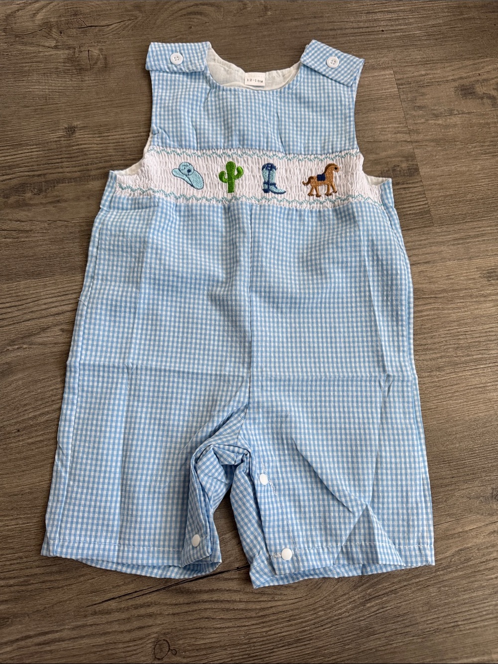 Classic Blue Gingham Smocked Boys' Romper with Western Motif